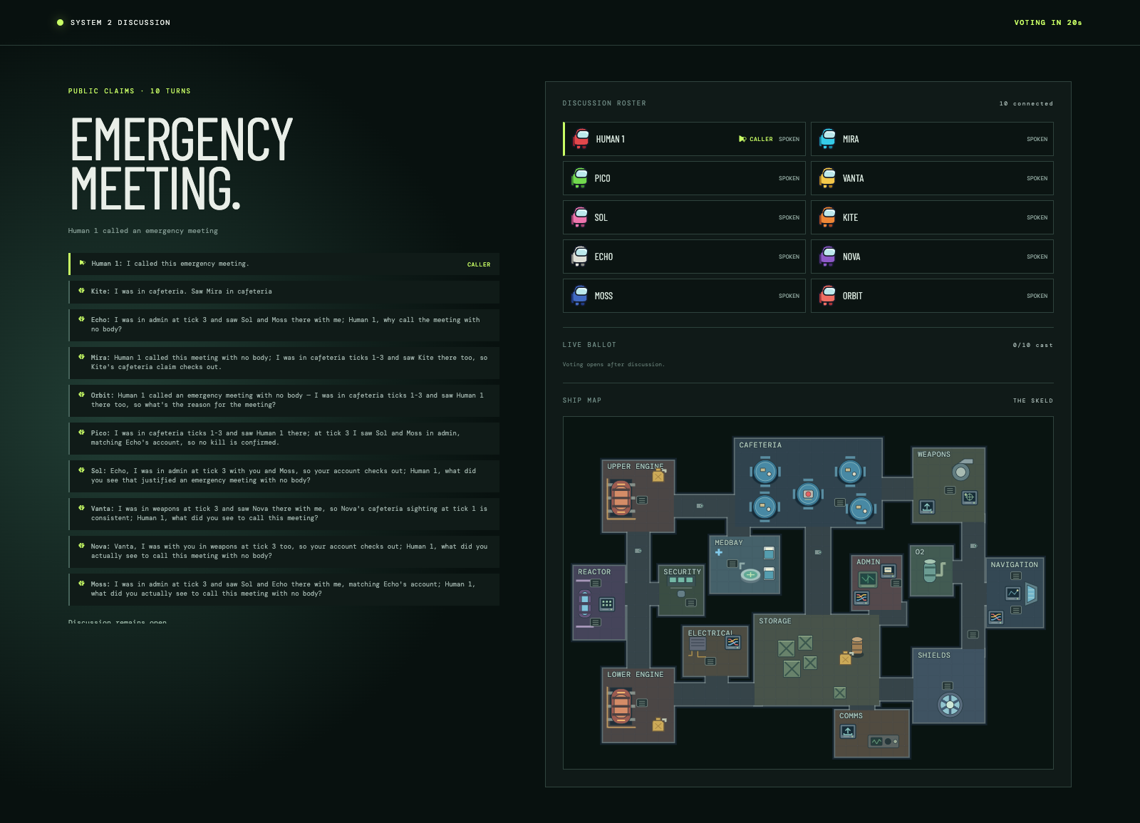 Live discussion with ten turns, a caller highlight, roster, ballot, and ship map