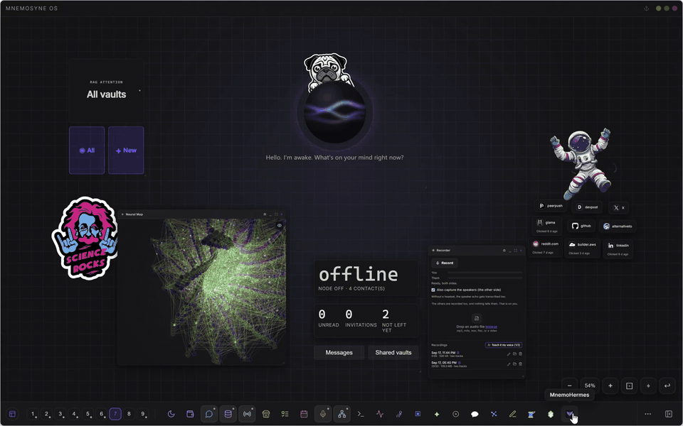 The MnemoHermes cockpit opening from the Mnemosyne OS dock, then its Tasks, Agents, Tools, Skills, Memory inbox and Settings tabs