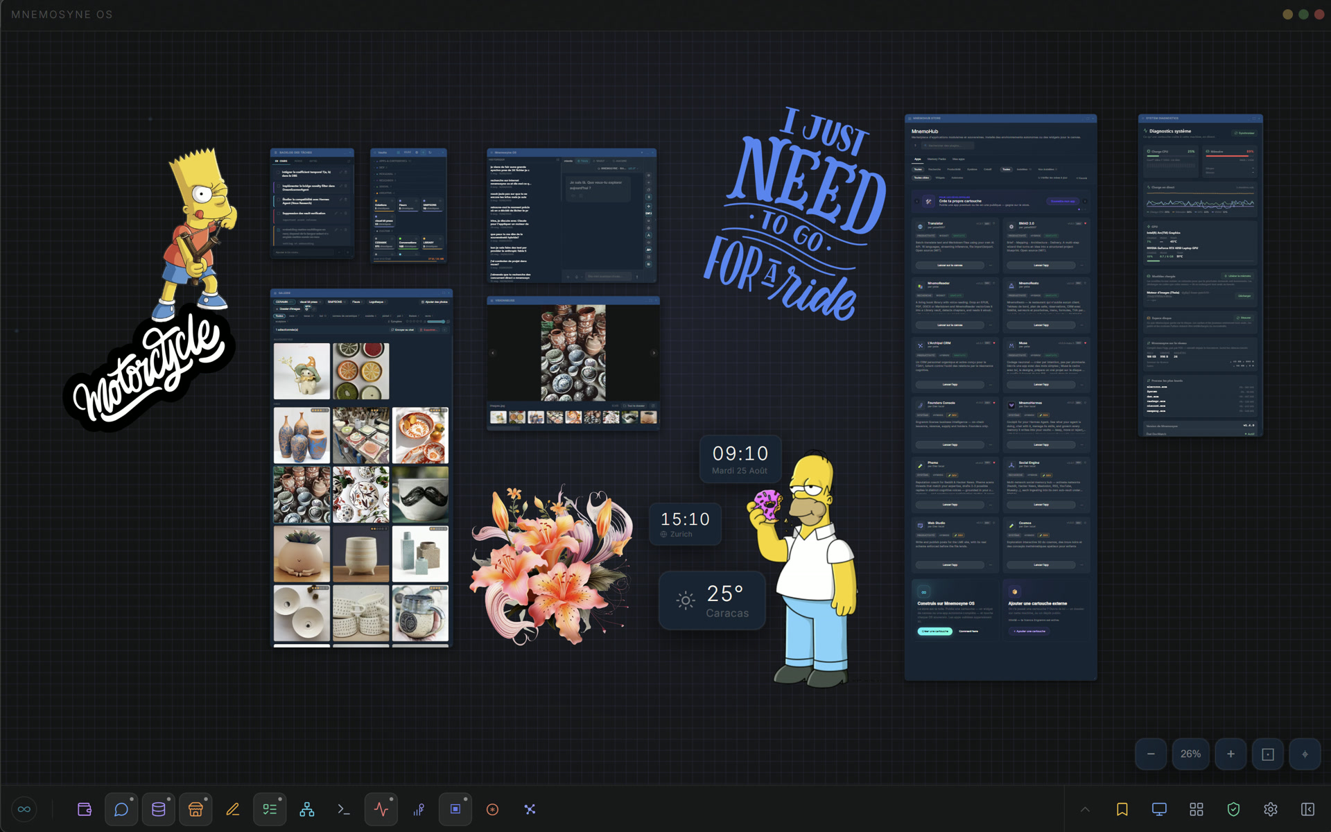 The infinite canvas — an endless plane with the gallery, MnemoHub, chat, world clocks, weather and stickers, zoomed to 26%