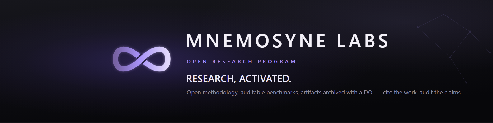 Mnemosyne Labs — open research program. Research, activated. Open methodology, auditable benchmarks, artifacts archived with a DOI — cite the work, audit the claims.