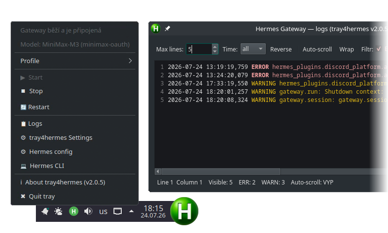 KDE Plasma tray with tray4hermes icon