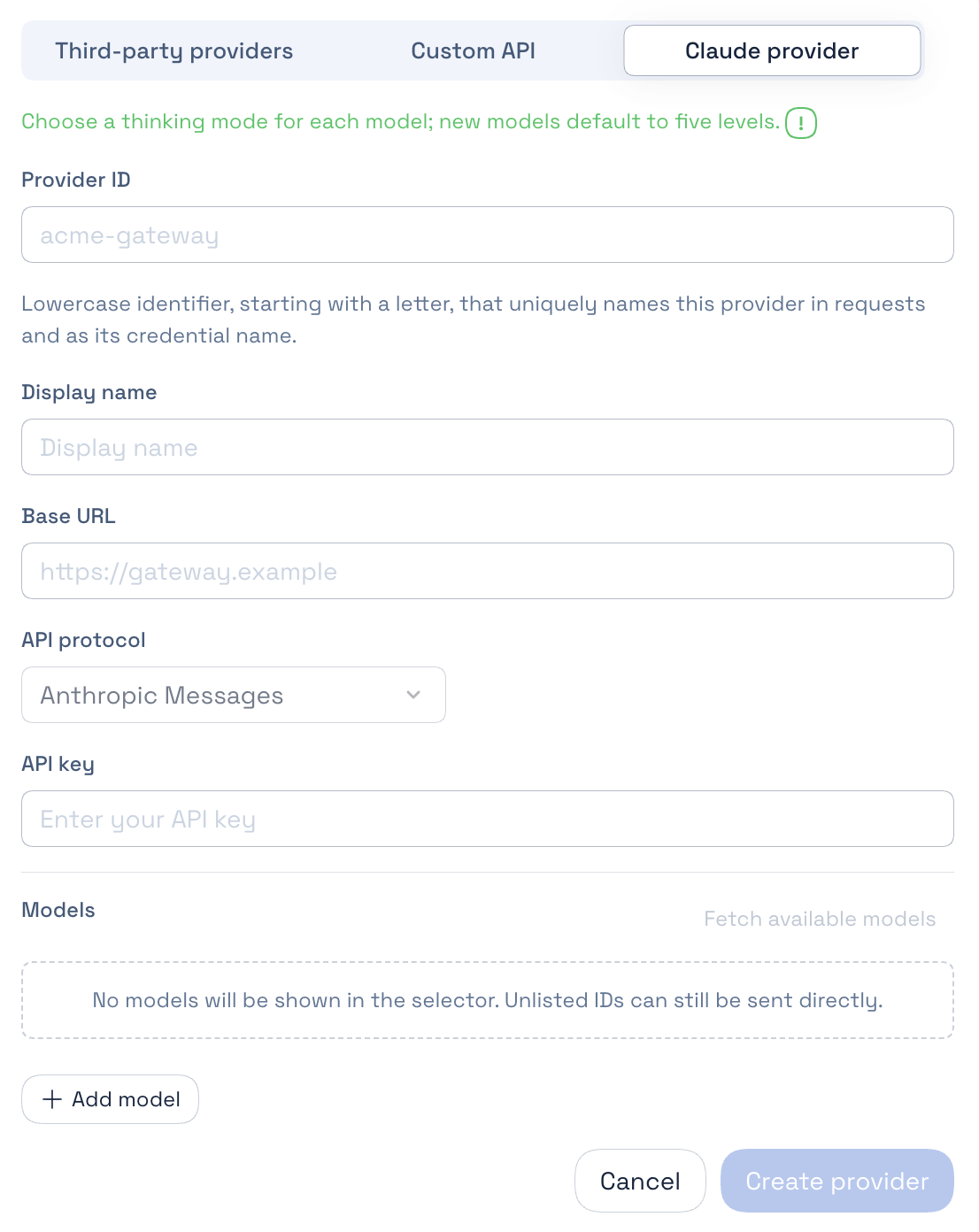 Claude provider tab and configuration form