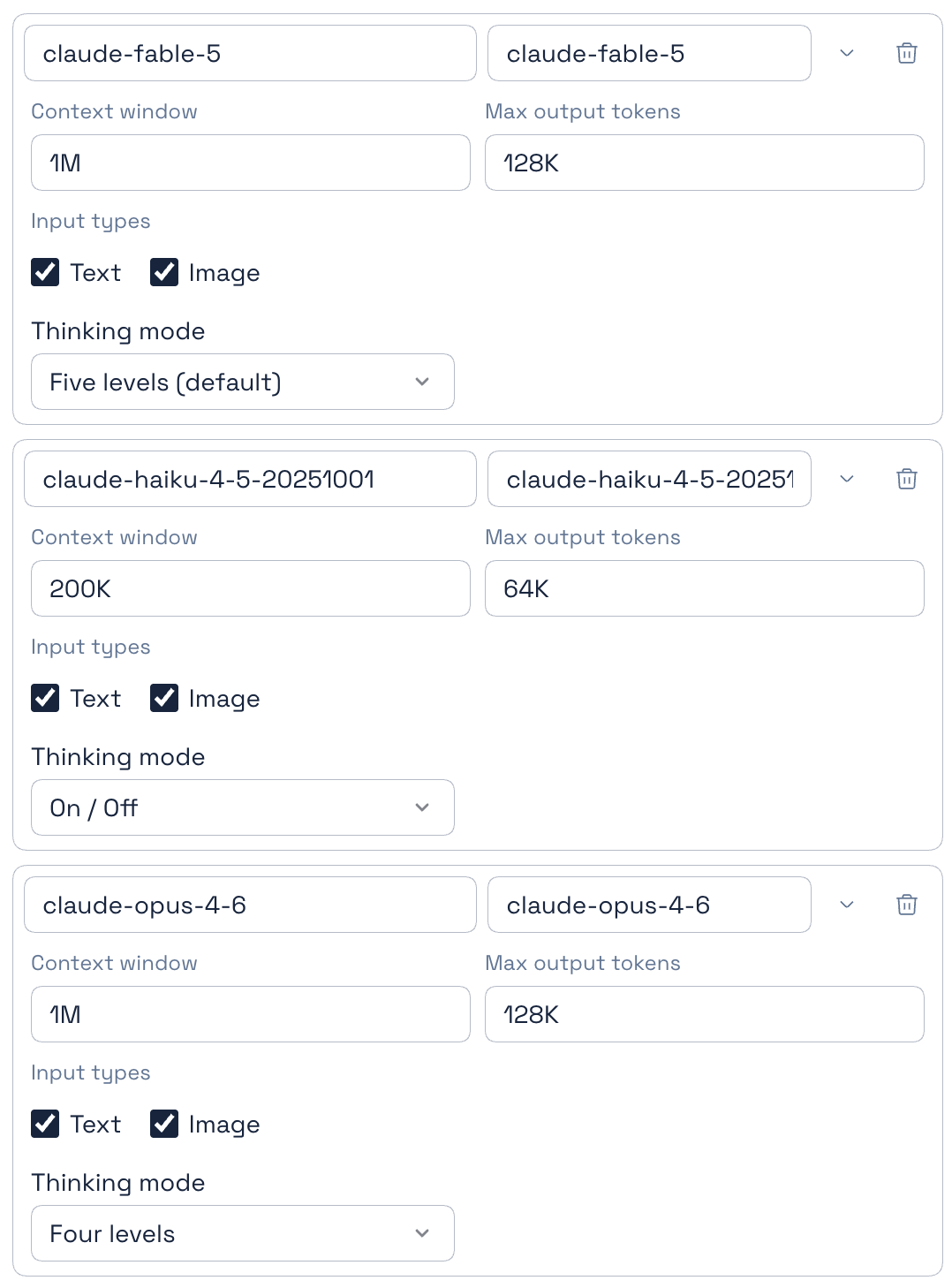 Claude model capacity defaults and reasoning modes