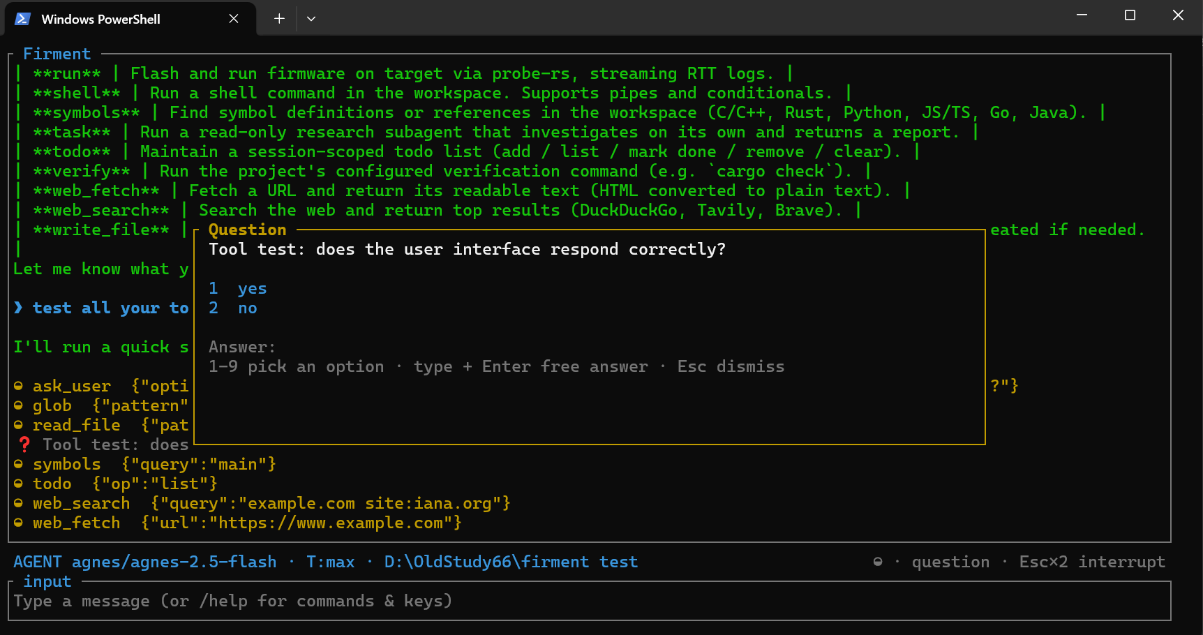 Firment TUI: ask_user dialog + tool call stack + status bar with git branch, thinking level and Esc×2 interrupt hint