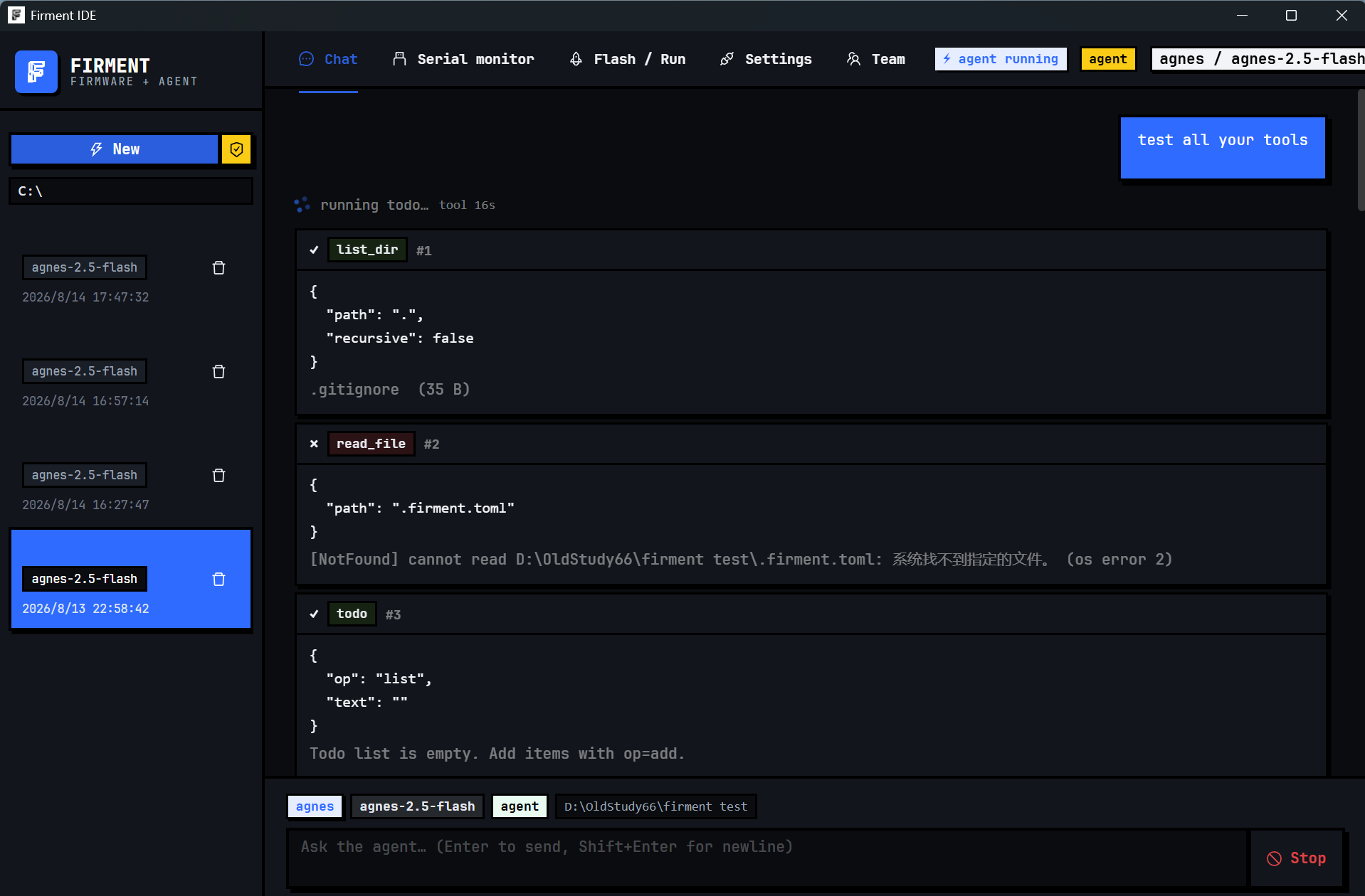 Firment GUI: tool cards (list_dir ✓, read_file ✕, todo ✓) with the running periph_init… tool 16s counter