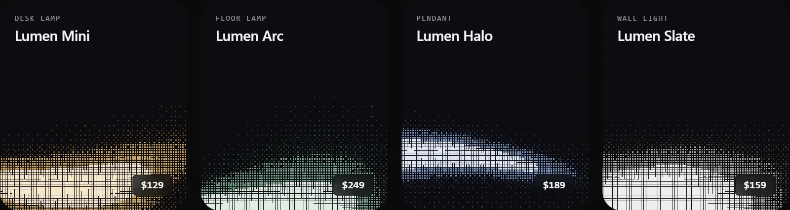 Product cards with baked halftone glows, one color per product line