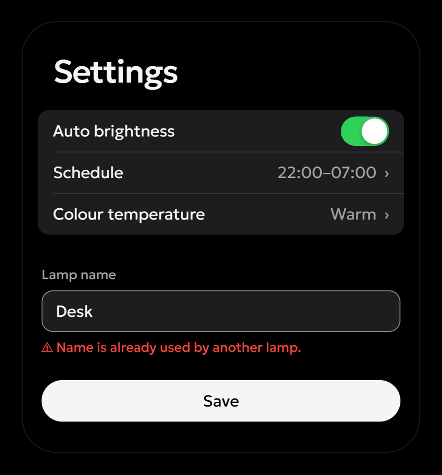 An app settings screen in the default style: grouped rows, a switch, a field with an error, and a full-width Save pill