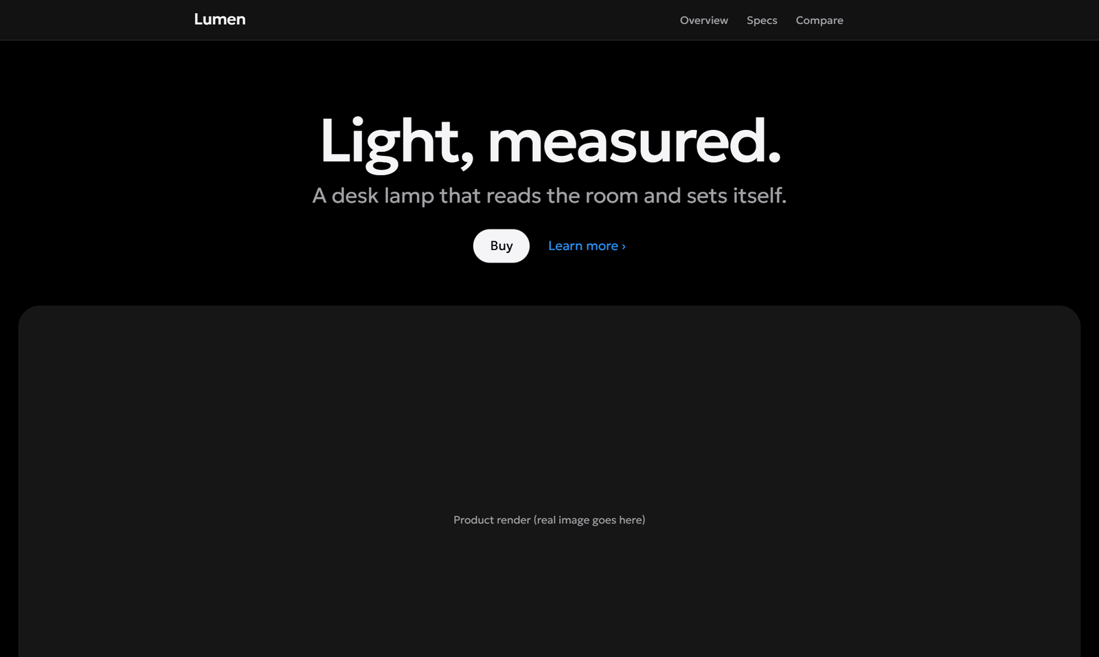 A product page built in the Better Design default style: black canvas, a light Geologica headline, one white pill and a blue text link