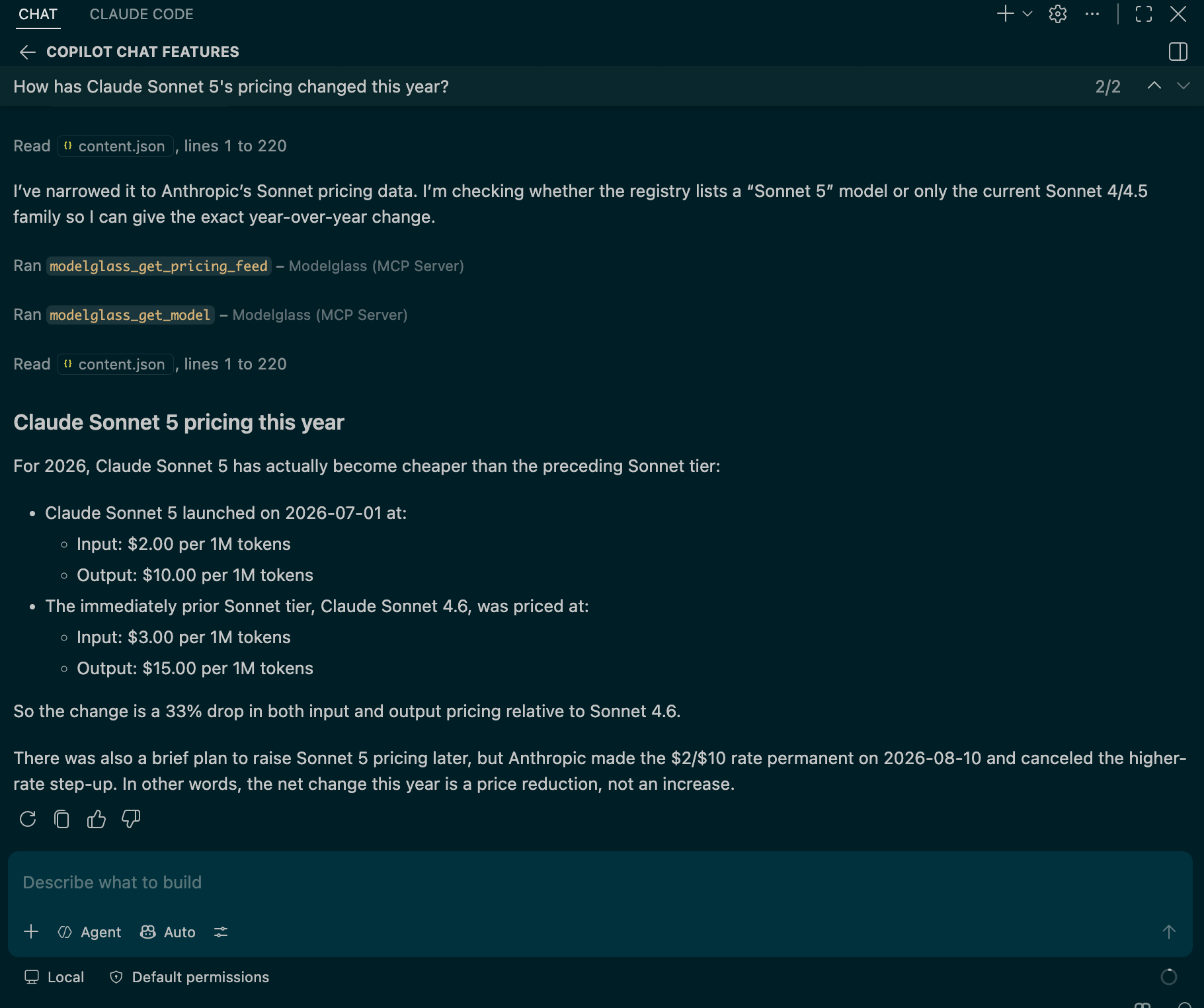 Modelglass MCP answering a live pricing question in Copilot Chat