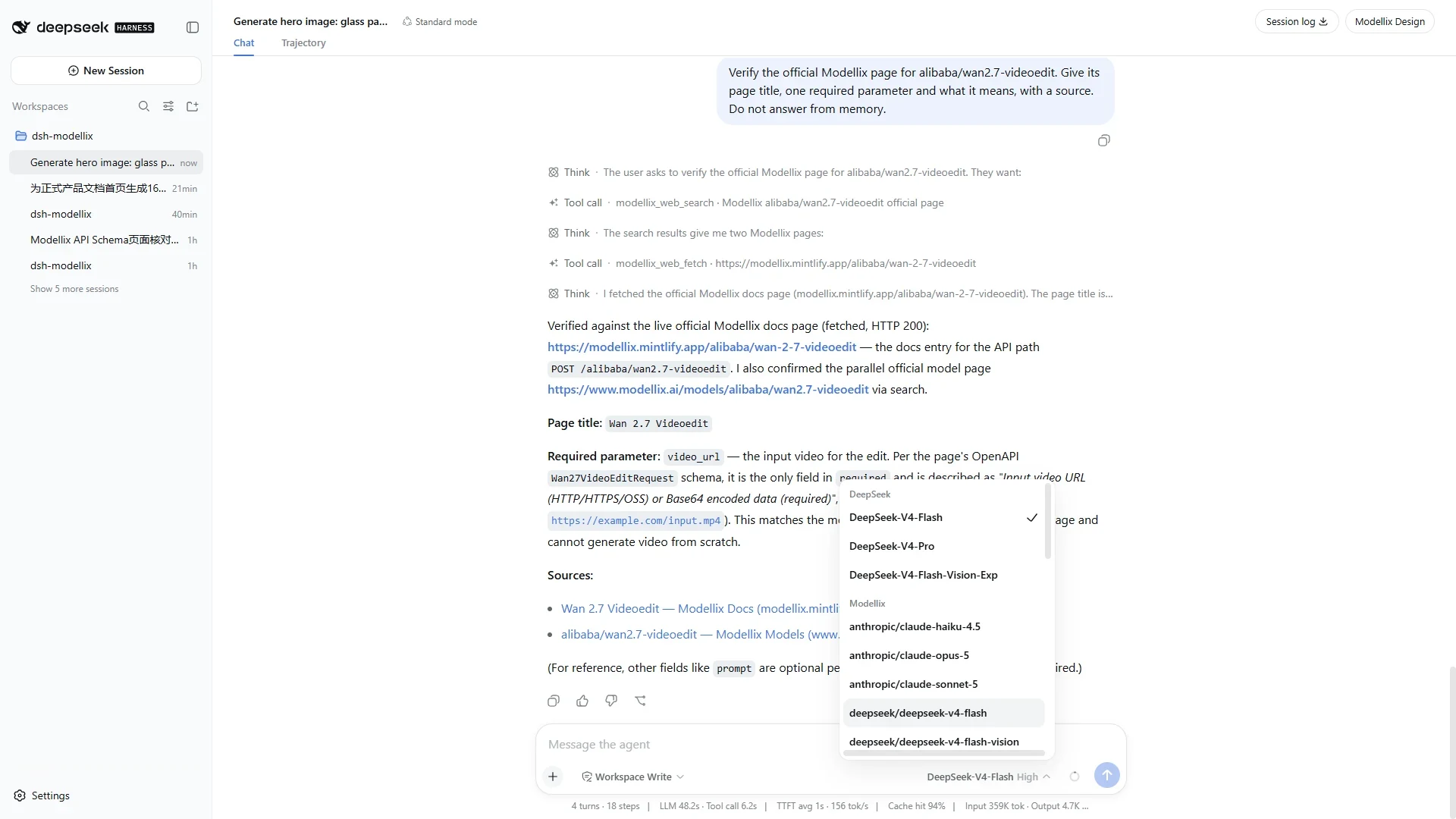 The live Modellix model catalog in the English Harness selector