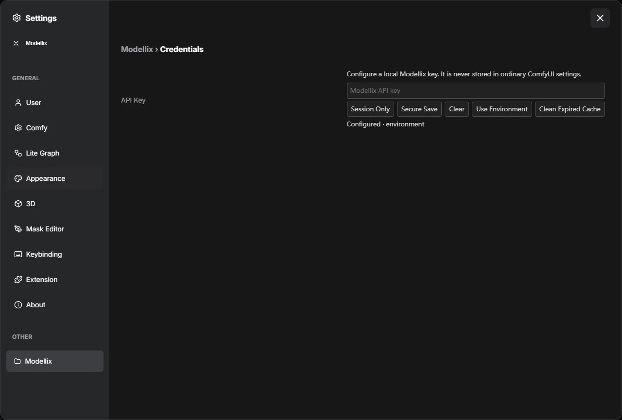 Modellix API Key settings with an empty password field and configured-source status