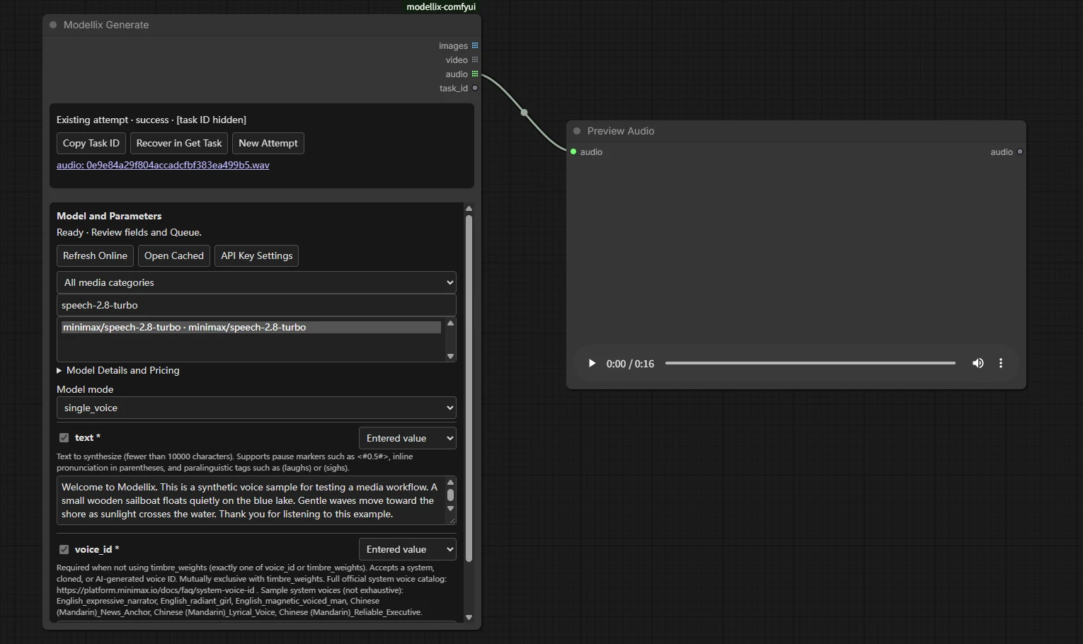 Speech generation with typed voice settings and native audio playback