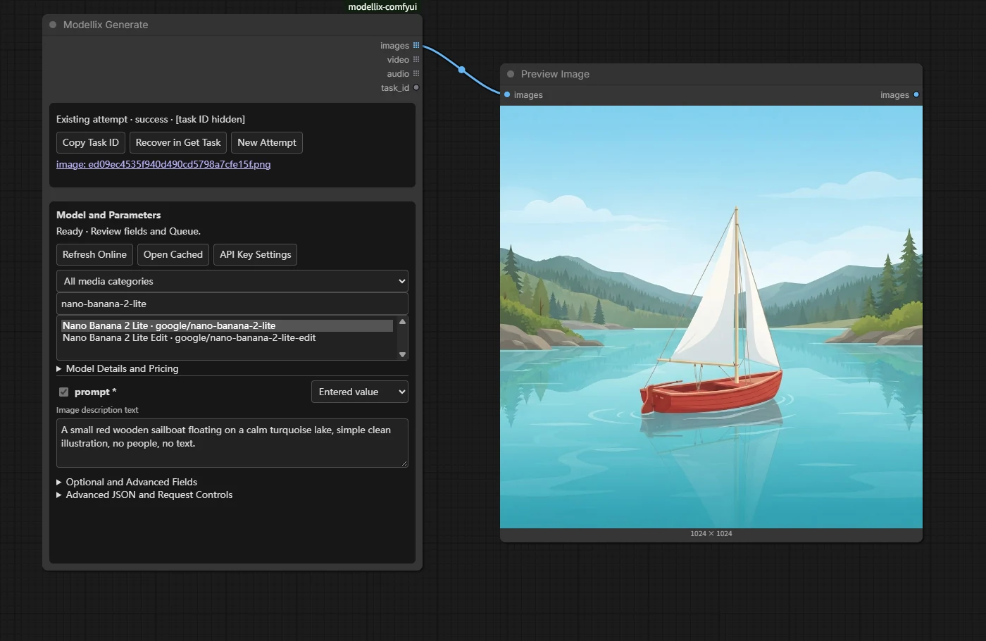 Modellix Generate with a sailboat prompt and its native image preview