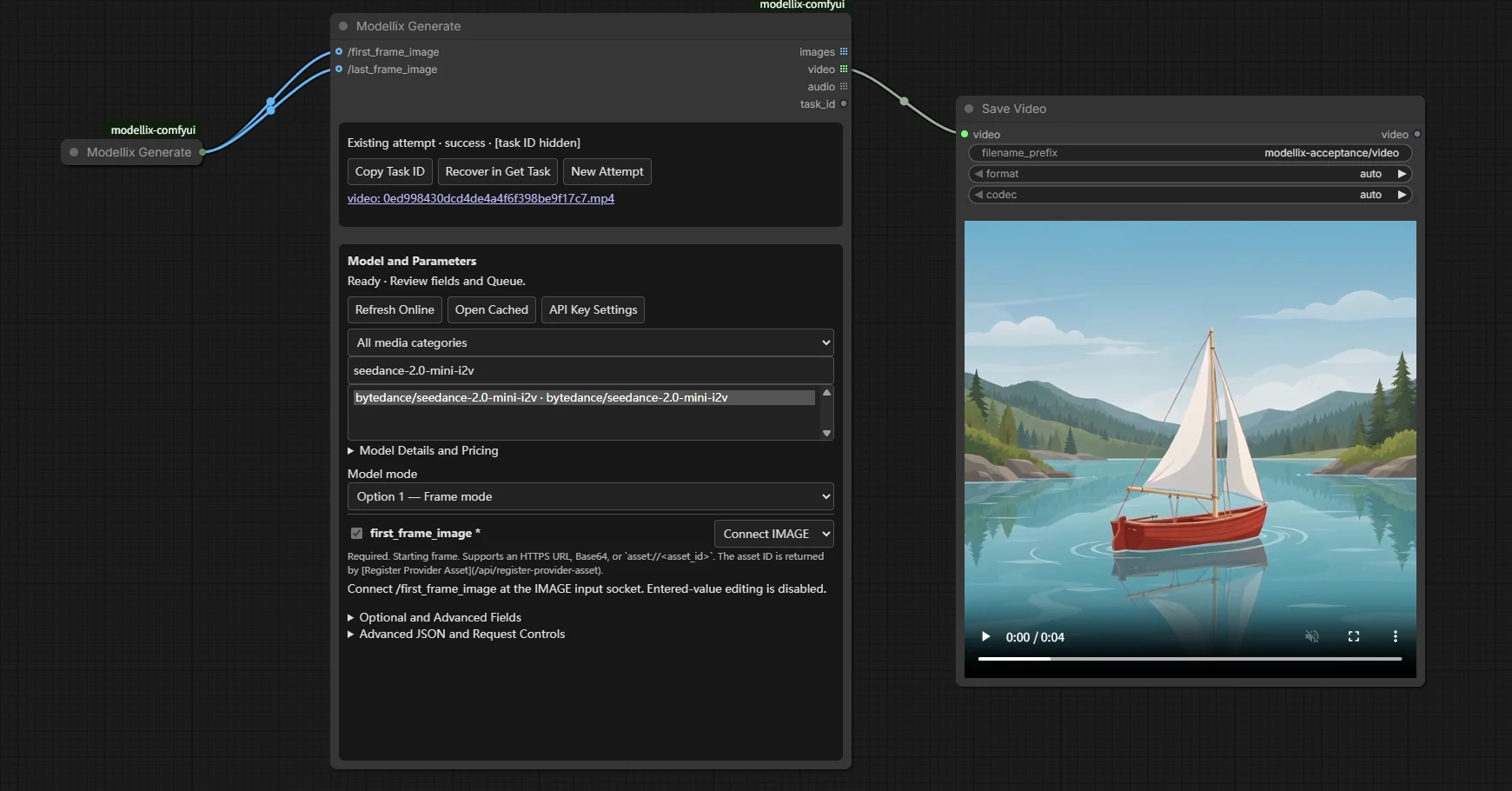 First and last IMAGE connections to Modellix Generate with a native video preview