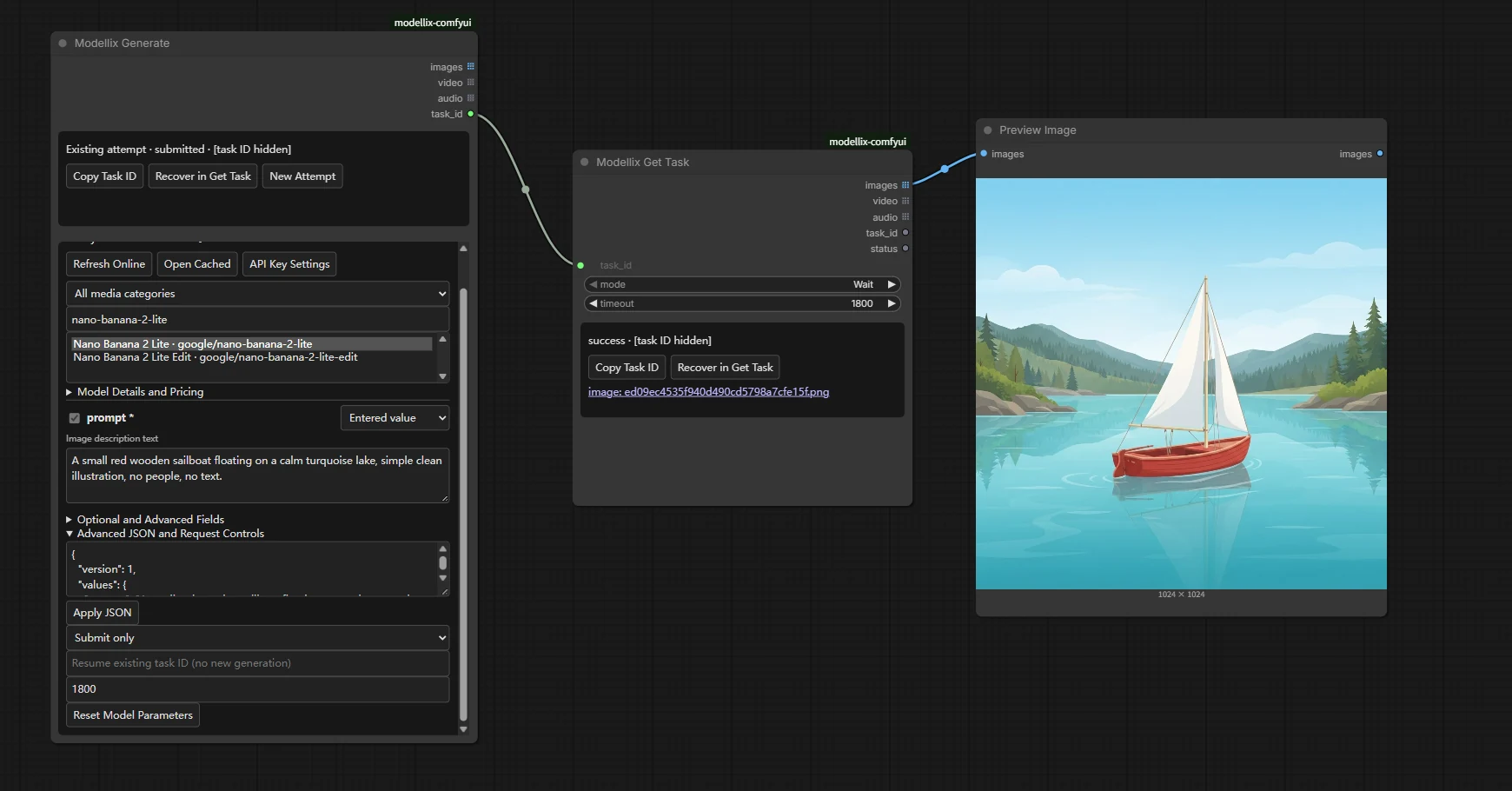 Submit-only generation connected to Get Task and an image preview