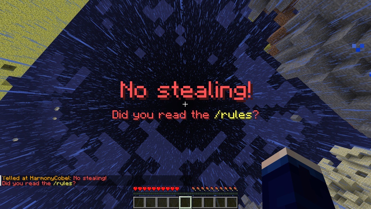 A large red title displays within Minecraft: "No stealing!" A smaller subtitle below it reads "Did you read the /rules?", and "/rules" is highlighted in yellow.