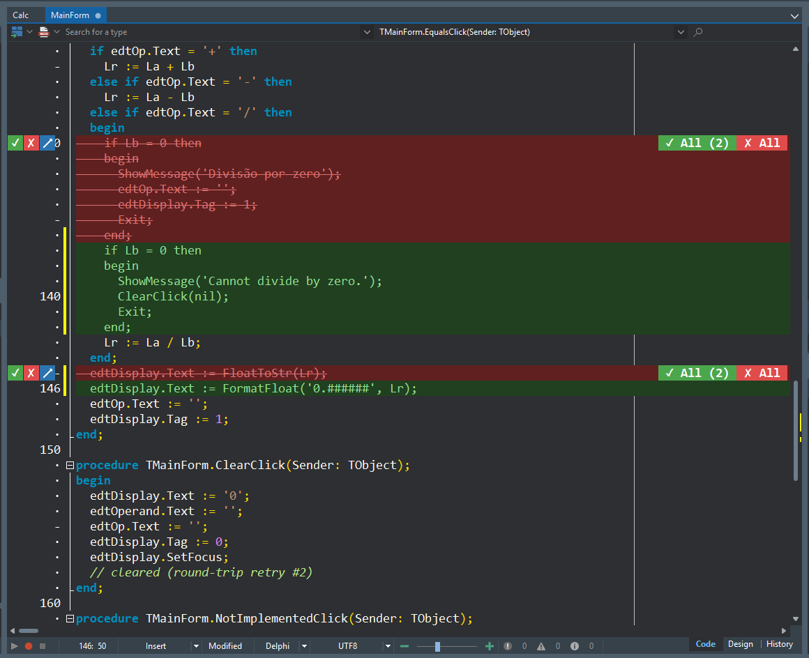 Change review: stacked before/after diff with gutter accept/reject/annotate controls