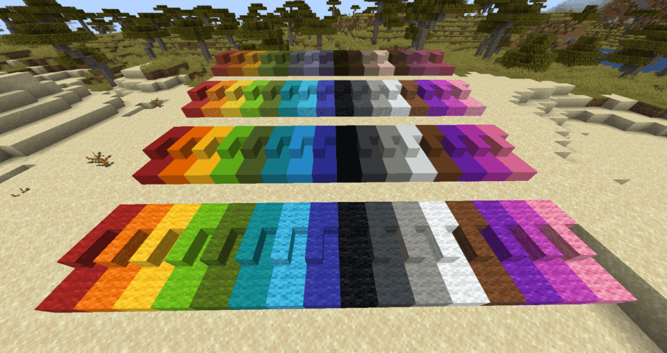 Stairs and slabs of colored wool, concrete and terracotta