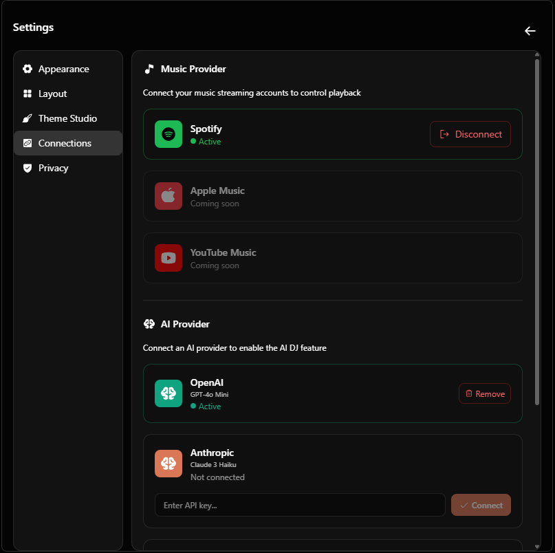 Connections settings