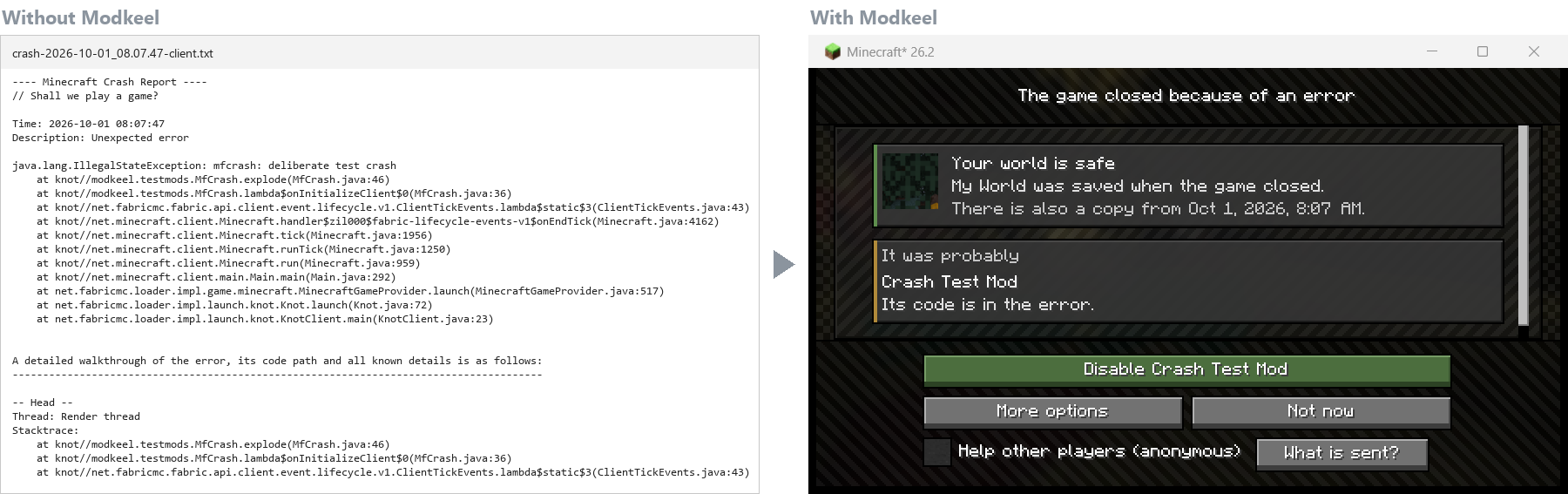 The same crash without Modkeel (a crash report to dig through) and with it (the likely mod and a one-click fix)