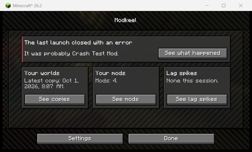 Modkeel's screen: last crash, worlds, mods, lag spikes