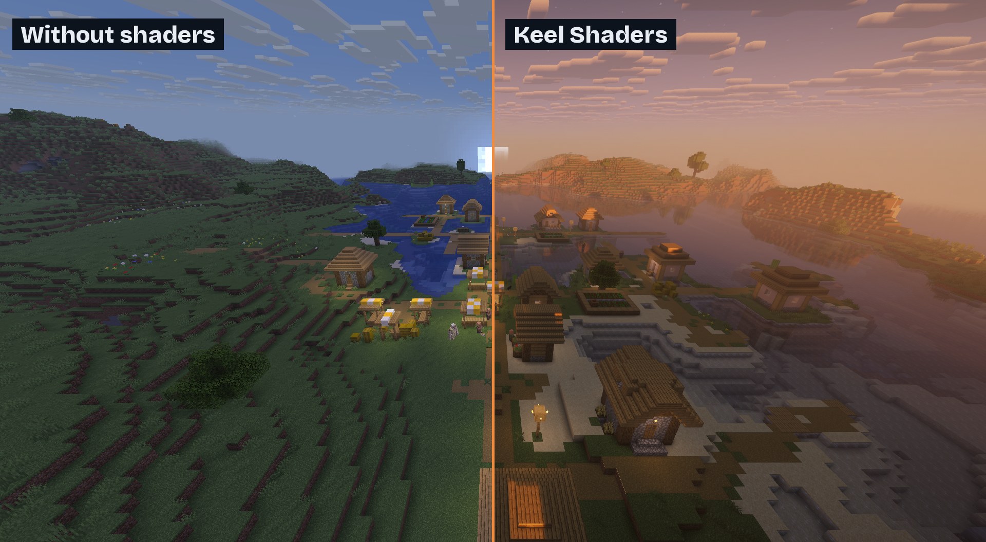 The same village at sunset, without shaders and with Keel Shaders