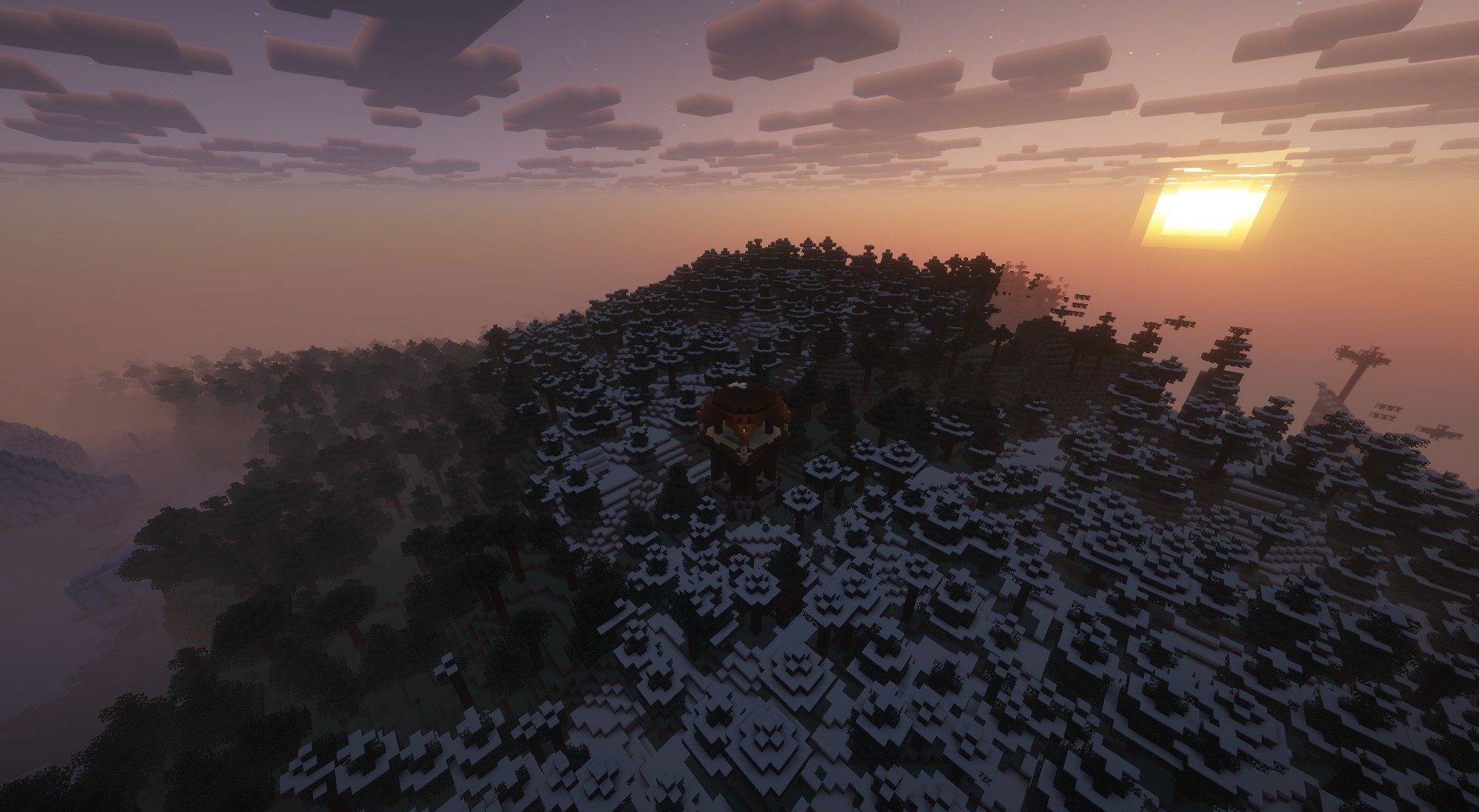 A pillager outpost in the snow at dusk