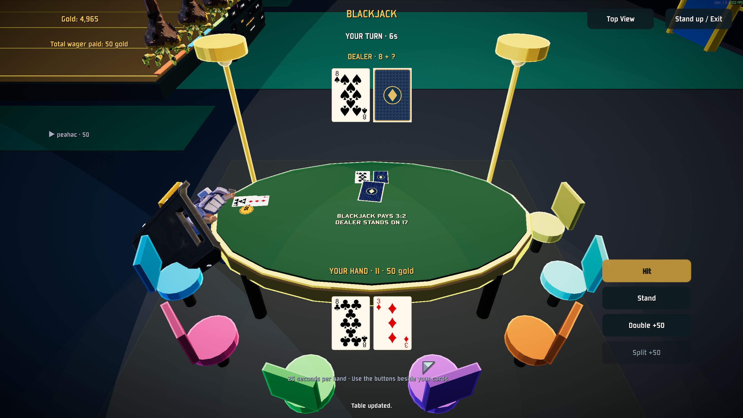 Blackjack with readable dealer and player cards, wager totals and Hit, Stand, Double and Split controls
