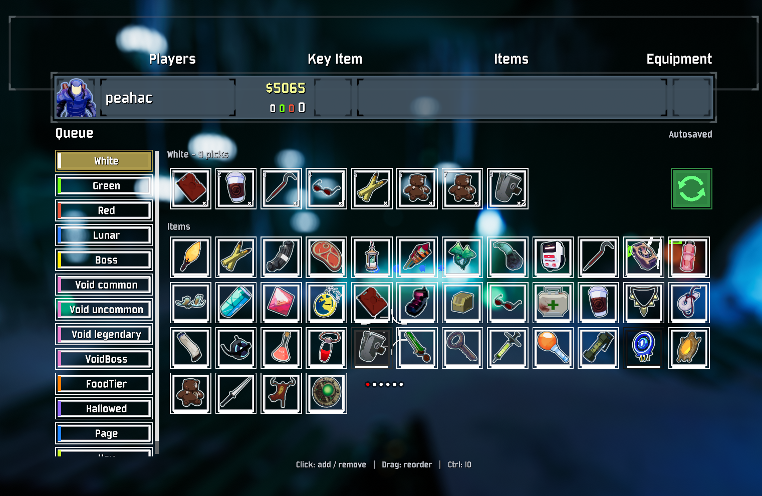 Better Queue below the in-game scoreboard, with item categories, queued picks and the loop button