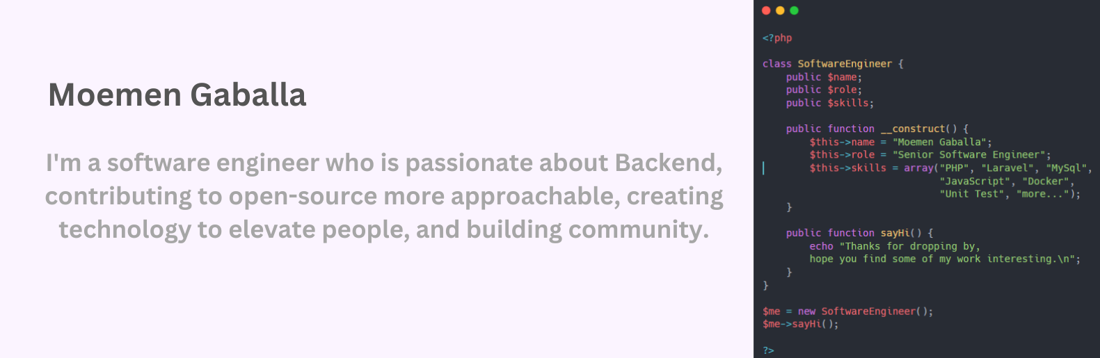 banner that says Moemen Gaballa - software engineer, passionate about Backend, contributing to open-source more approachable, creating technology to elevate people, and building community.
