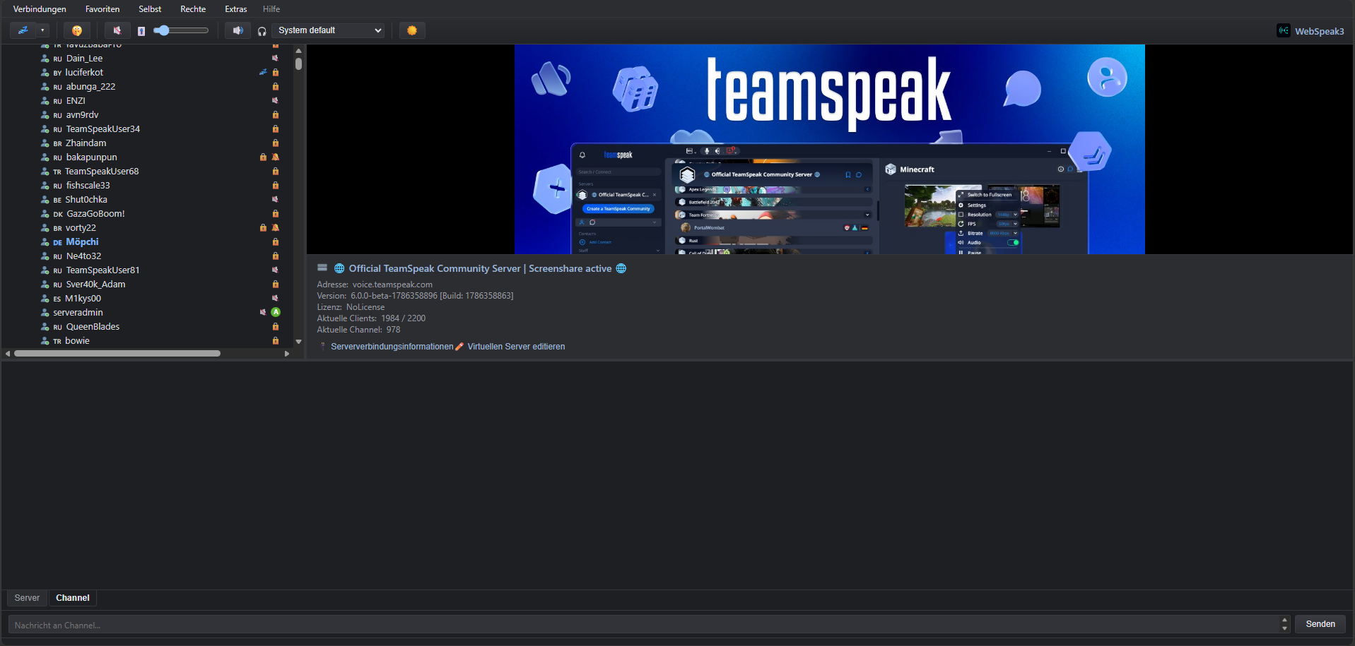 WebSpeak3 desktop client connected to a TeamSpeak server