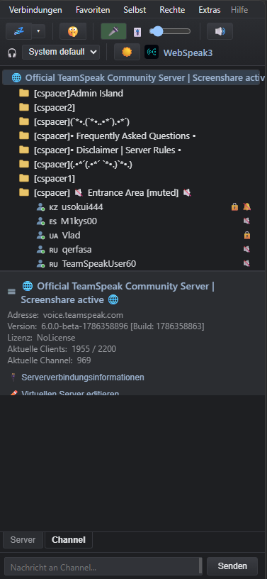 WebSpeak3 mobile client connected to a TeamSpeak server