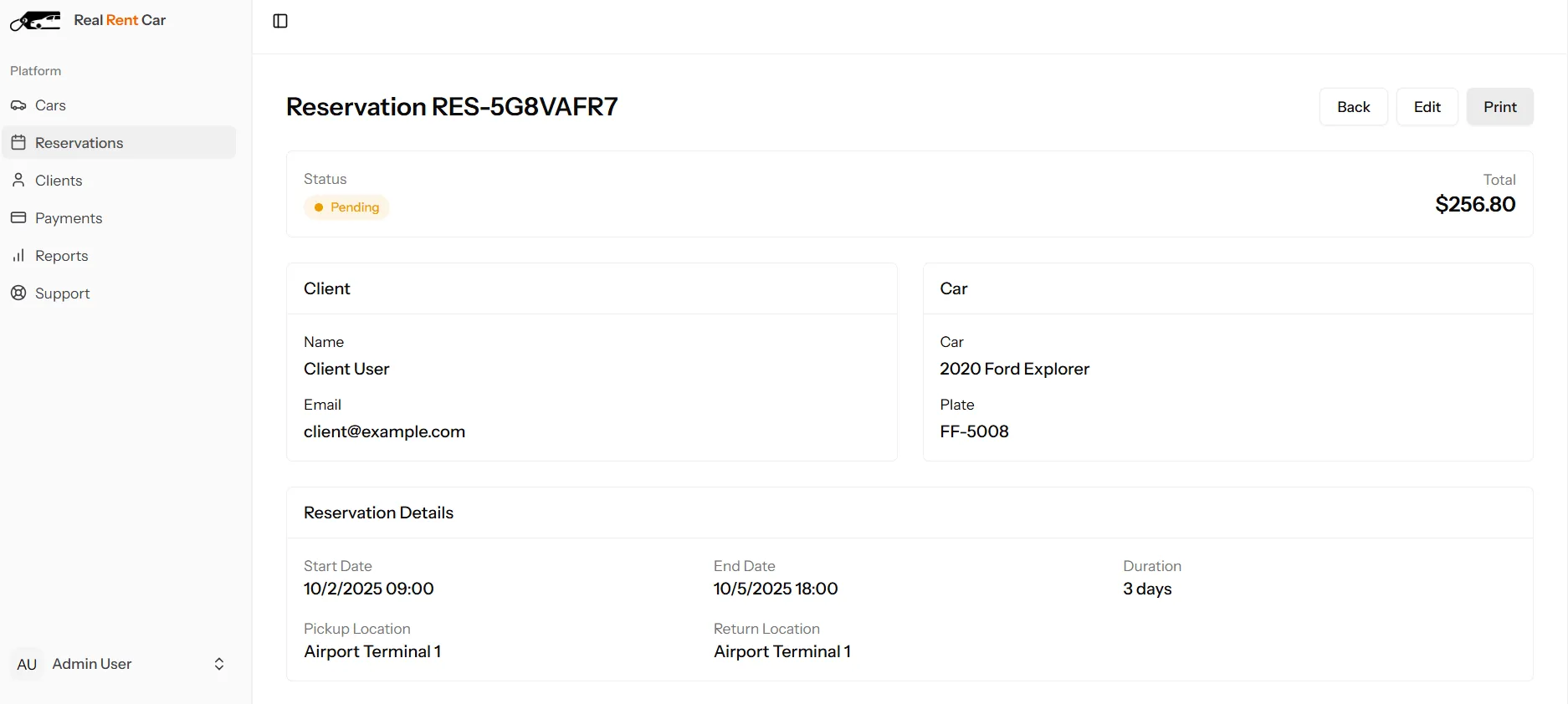real rent car admin reservation details