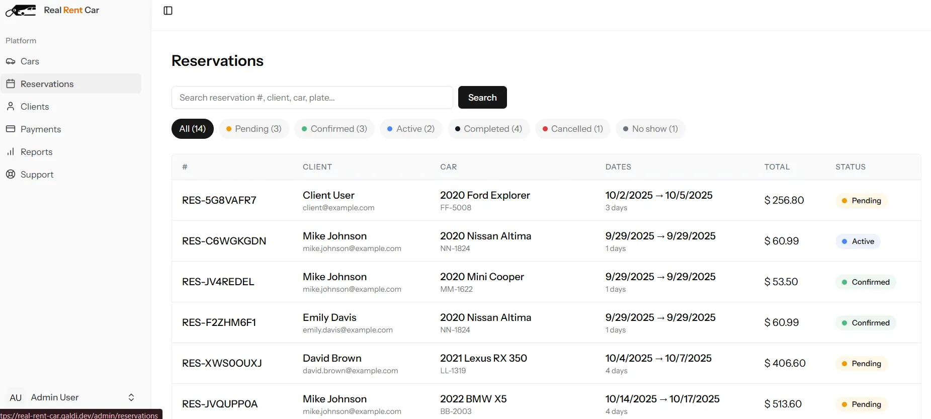 real rent car admin reservations
