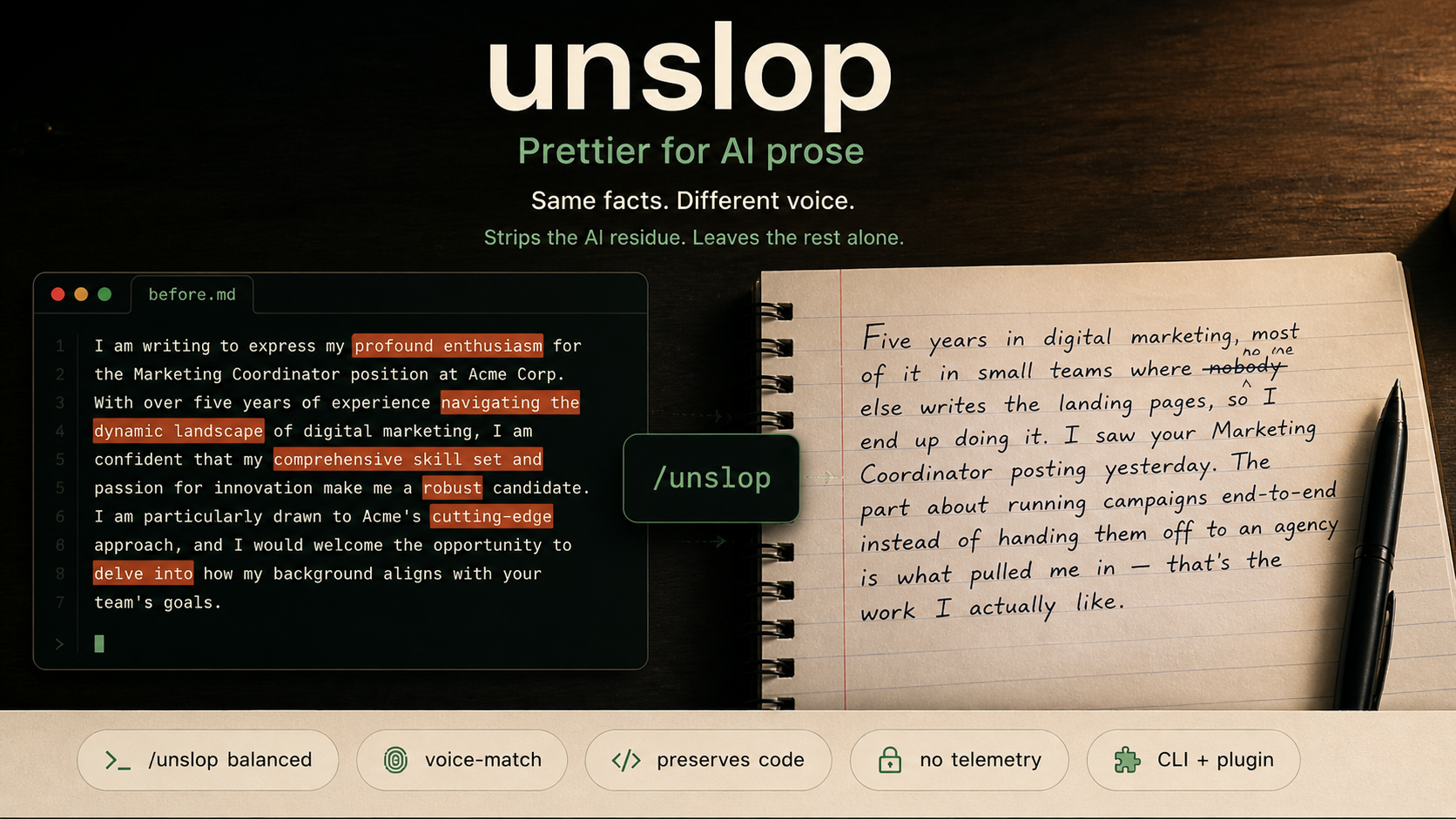 unslop — Prettier for AI prose. Same facts, different voice. A side-by-side of an AI cover letter on the left and a handwritten human rewrite on a lined notebook on the right.