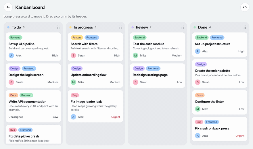A Kanban board built with Compose DND: cards move between columns and columns reorder