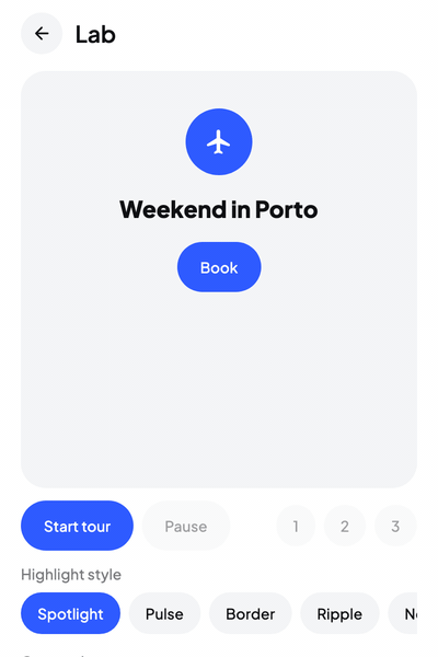 One tour restyled live: spotlight, glow, pulse, border and ripple