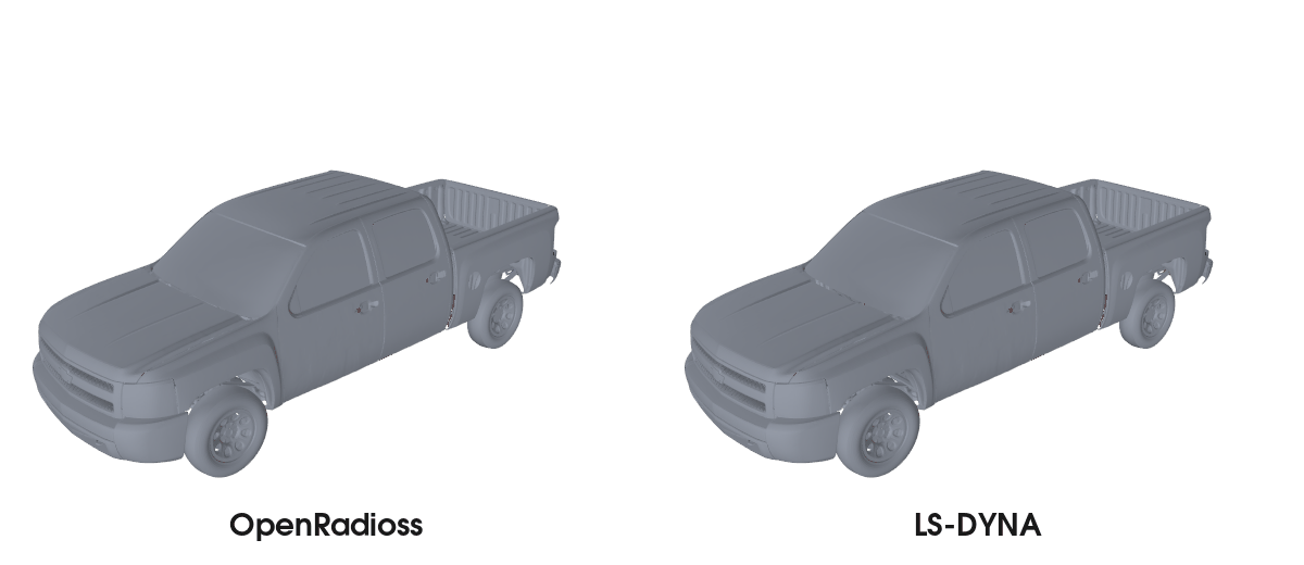 Chevrolet Silverado crash: OpenRadioss vs. LS-DYNA, time-synchronized.