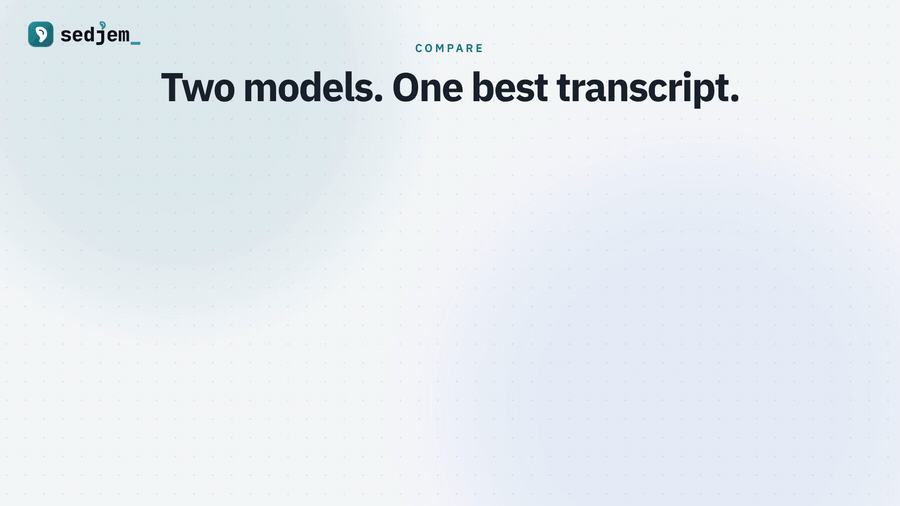An animated look at comparing two models in Sedjem: Cohere Transcribe Arabic writes some English terms in Arabic letters, whisper-medium code-switching turns some Egyptian words into formal Arabic, the differing words are marked, the better row is kept in each and the rows merge into one best transcript