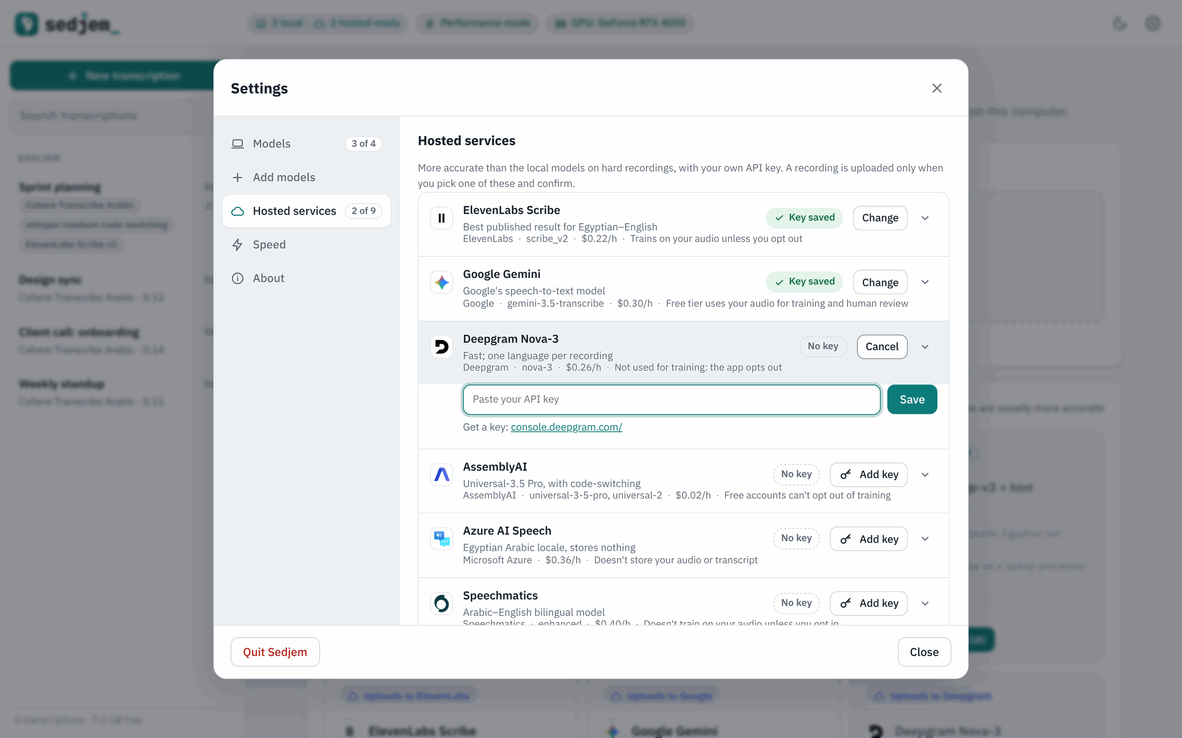 Settings, Hosted services tab: keys saved for ElevenLabs and Google Gemini, the Deepgram key form open, and the other services with an Add key button