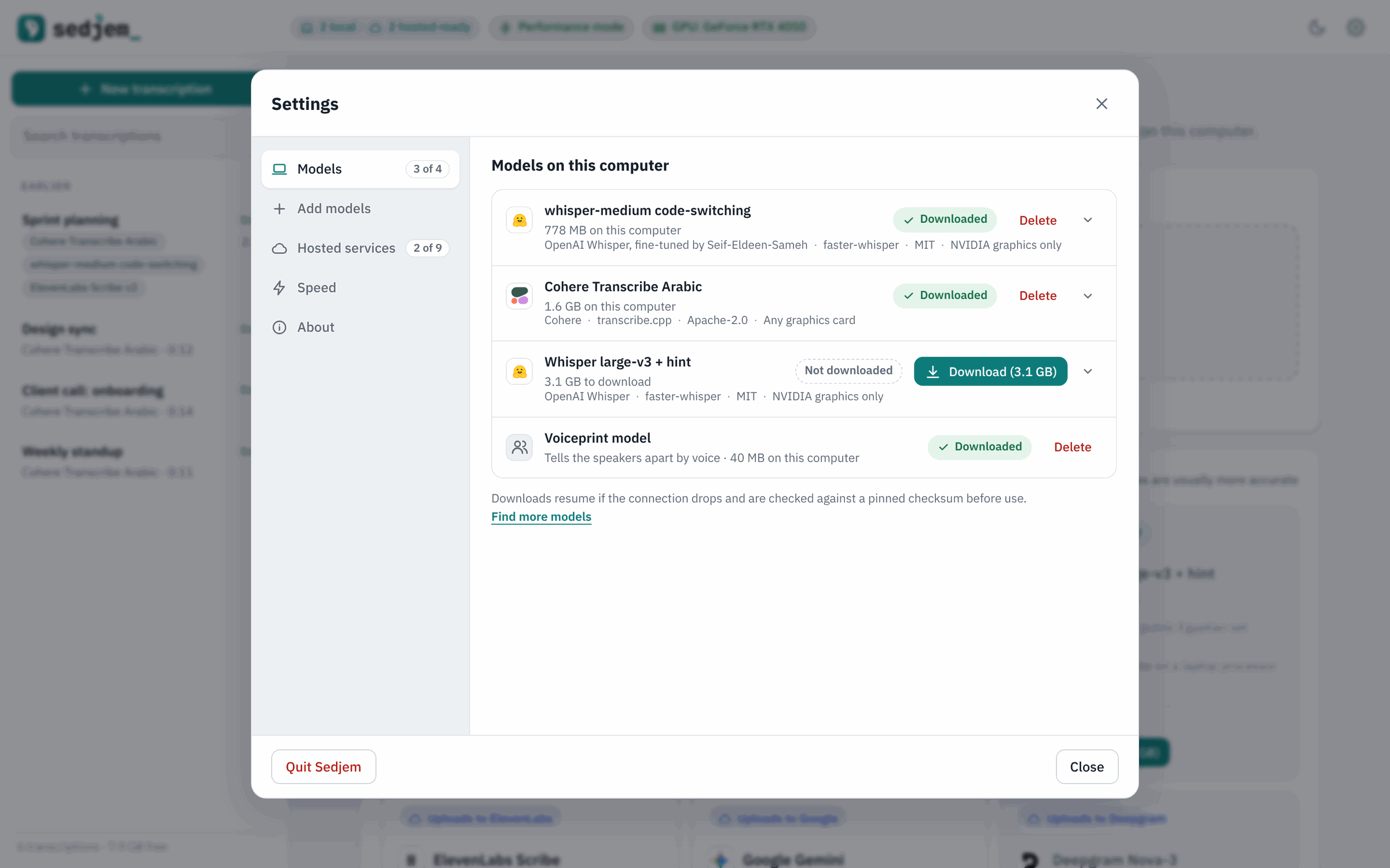 Settings, Models tab: whisper-medium, Cohere and the voiceprint model downloaded, and Whisper large-v3 ready to download
