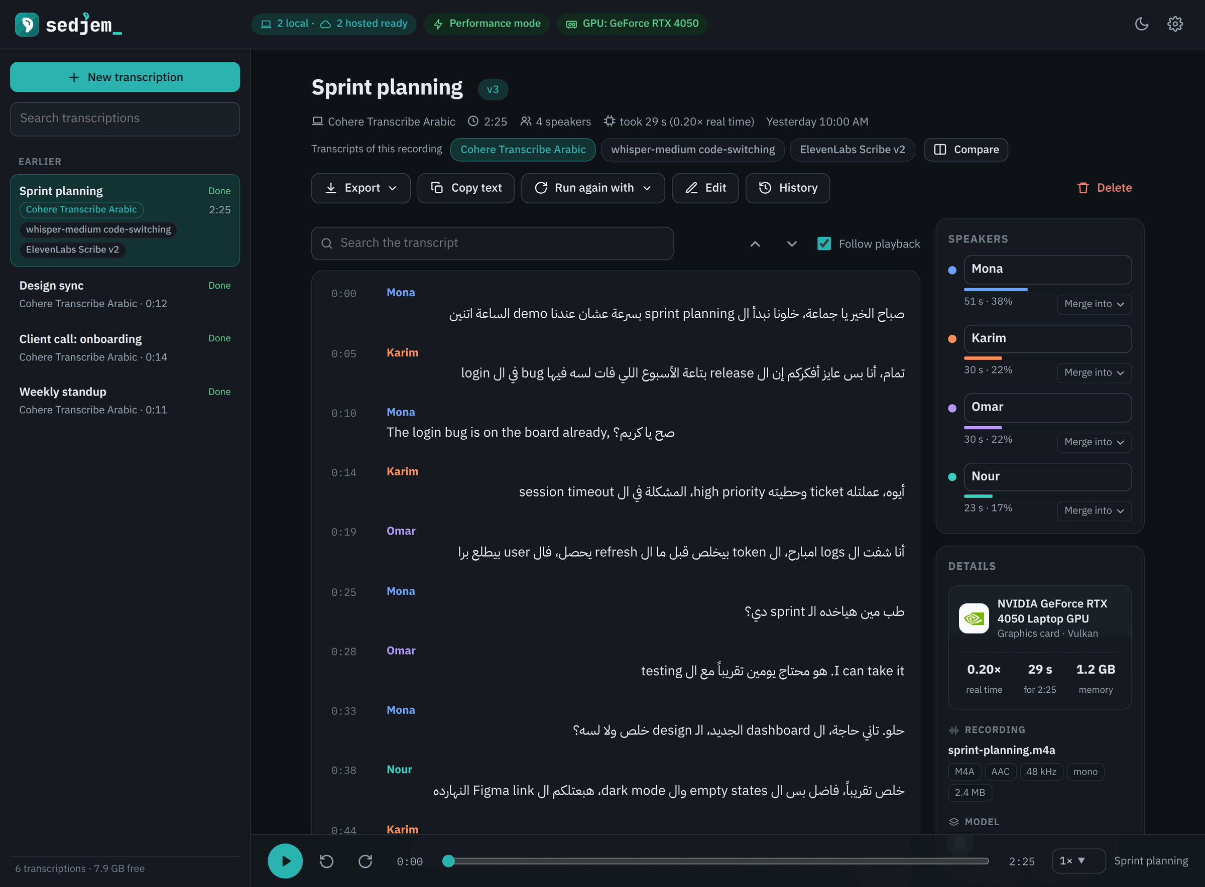 The sprint planning transcript in the dark theme
