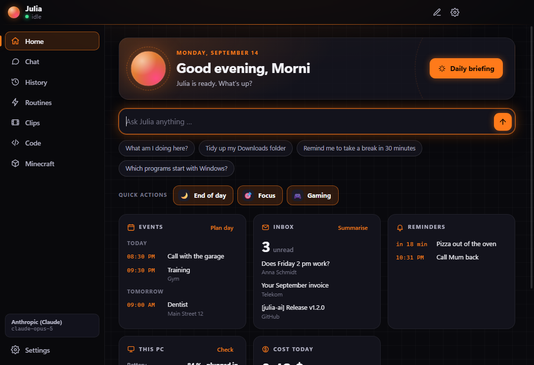 Julia's home page with appointments, inbox, reminders and PC status