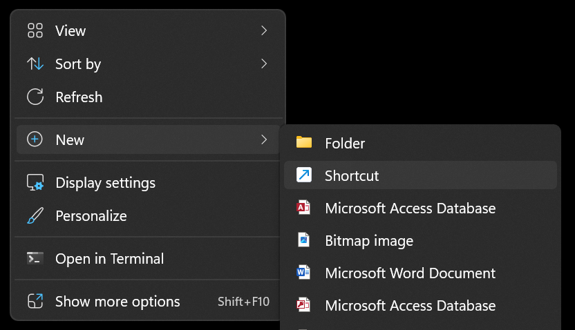 Image of right clicking on Windows desktop to create a new shortcut
