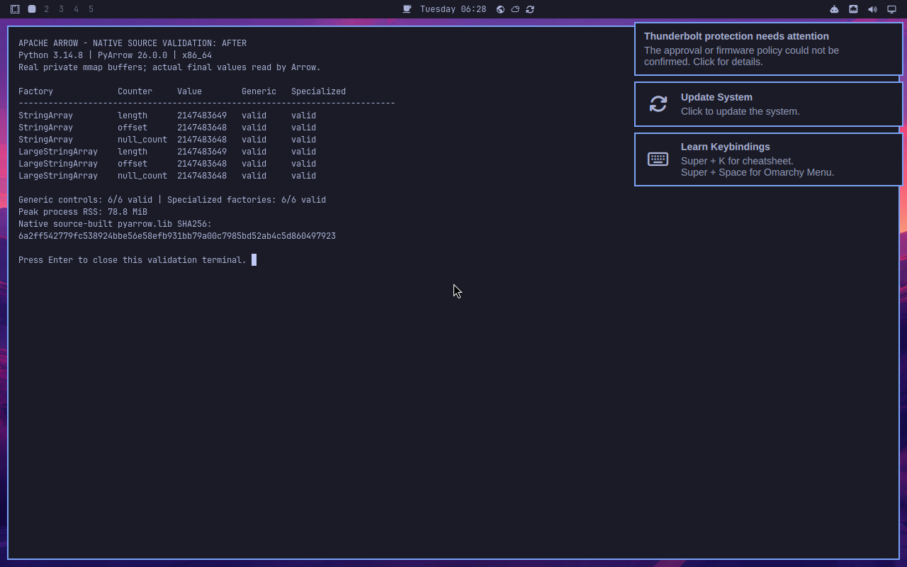Native Arrow fixed binding: six valid controls and six valid specialized arrays