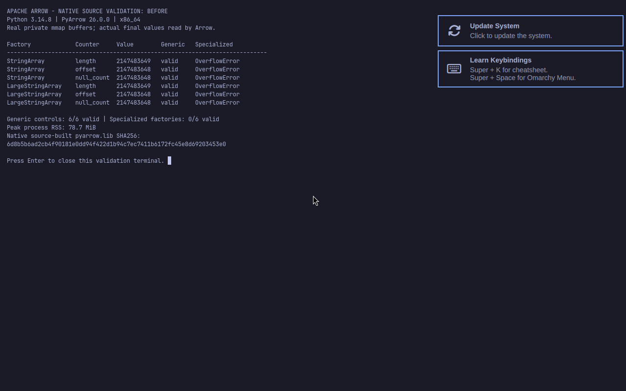 Native Arrow original binding: six valid controls, six specialized OverflowErrors