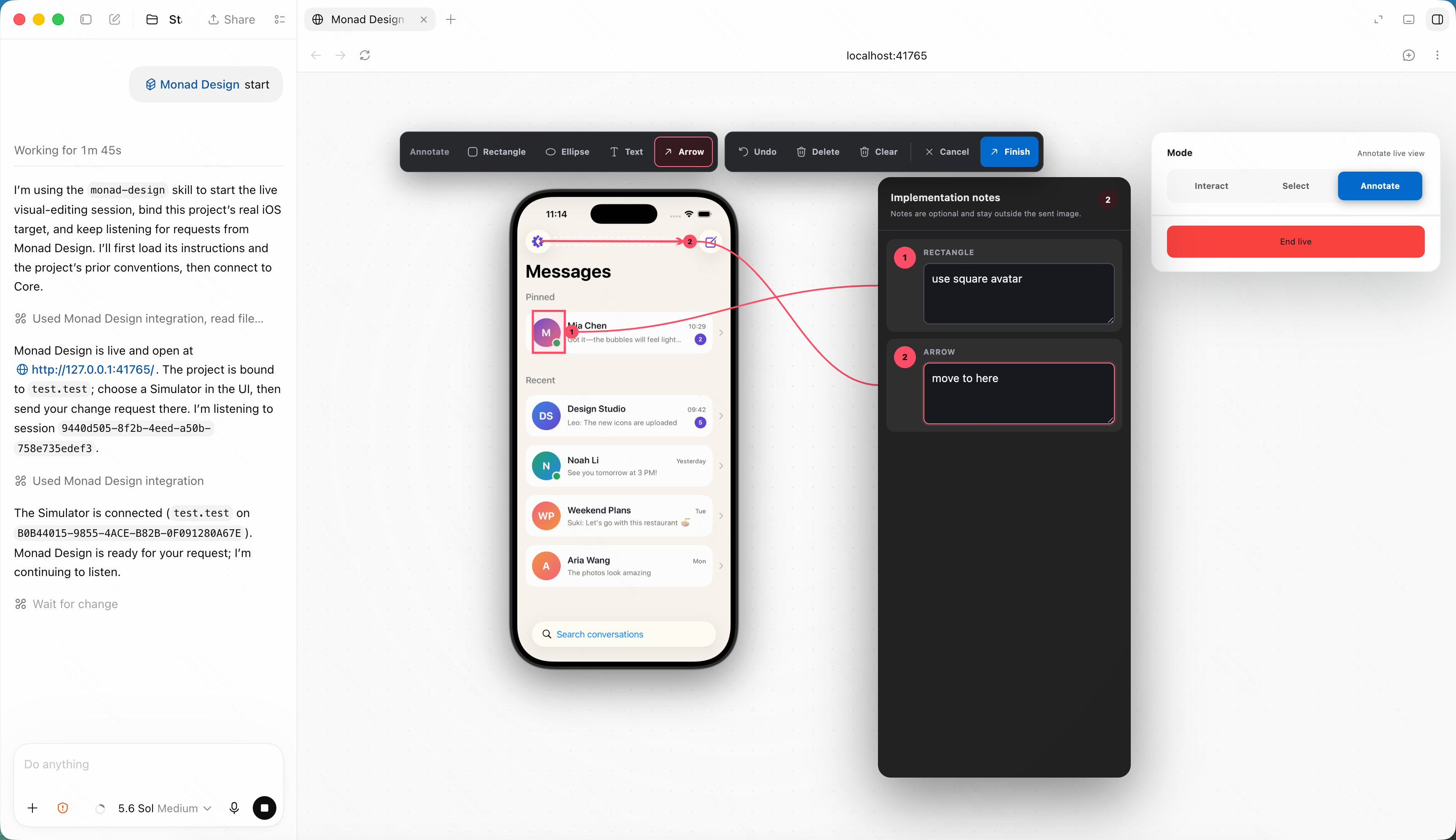 Annotate the live screen and add implementation notes