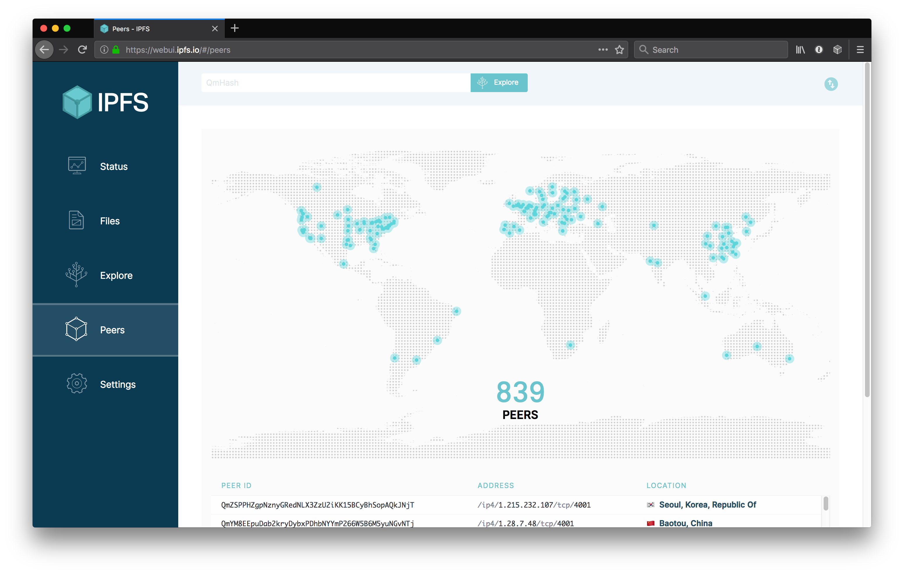 Screenshot of the swarm peers map