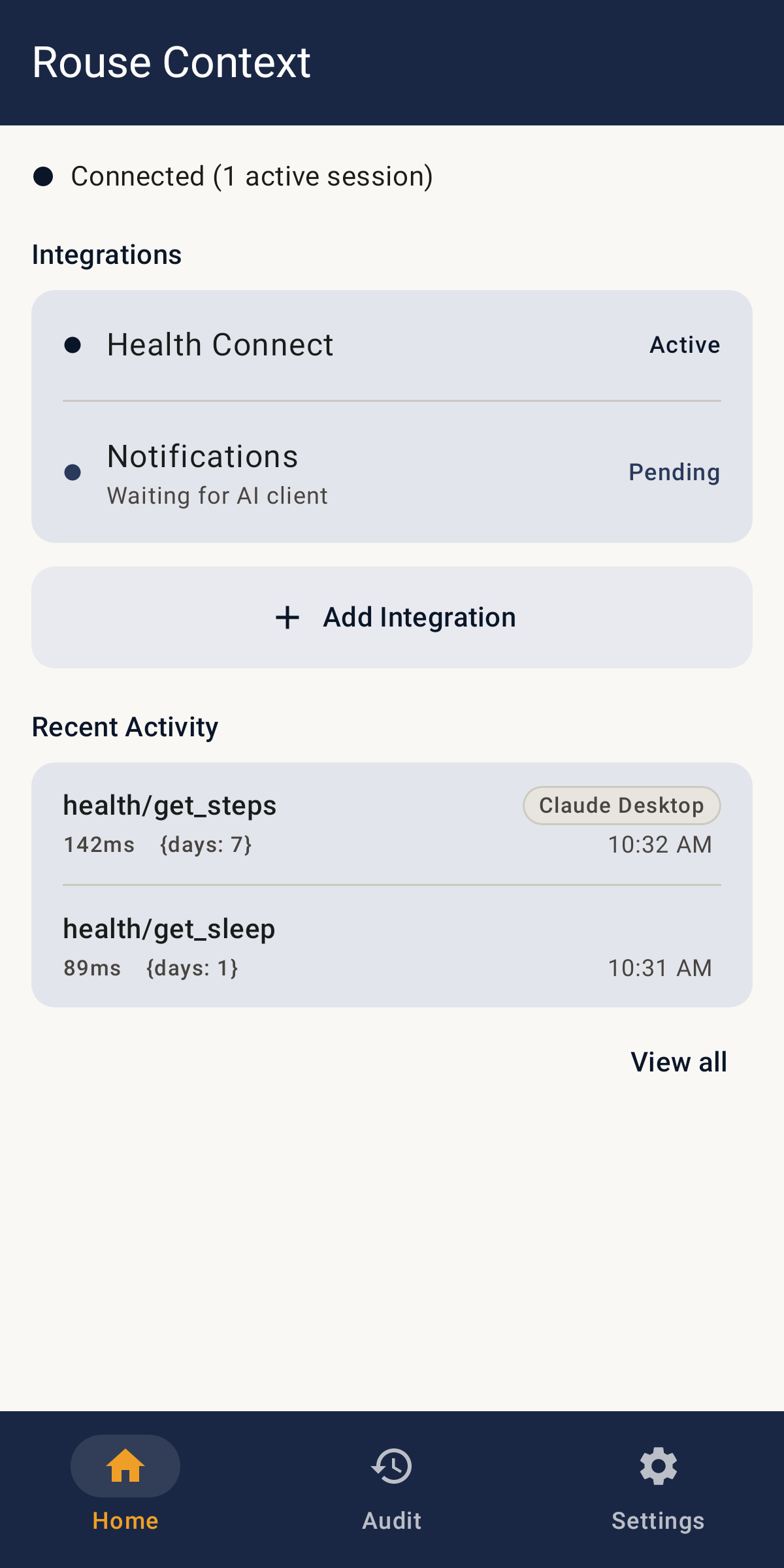 Home screen with active integrations and audit log