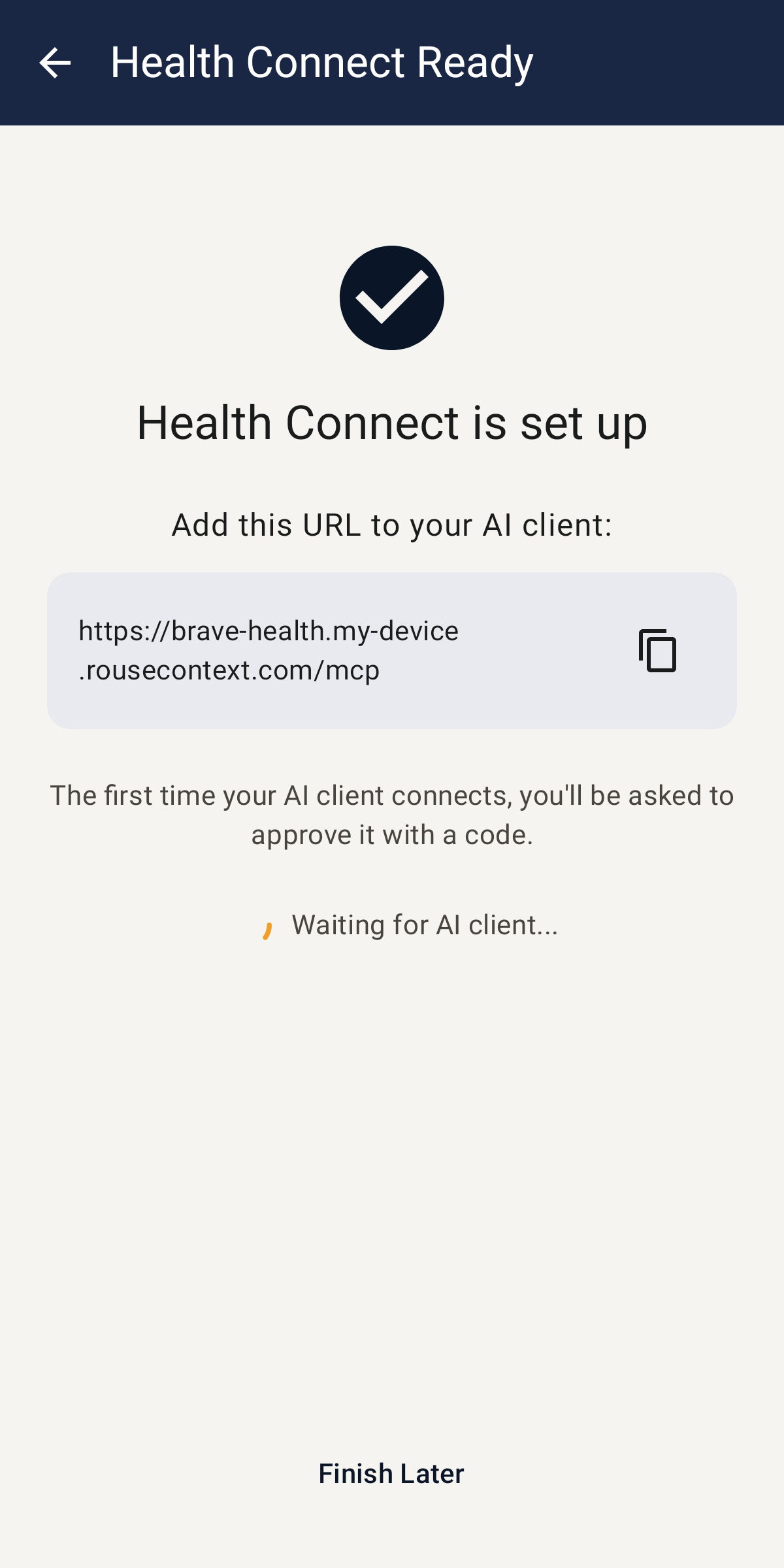 Integration setup with URL to copy